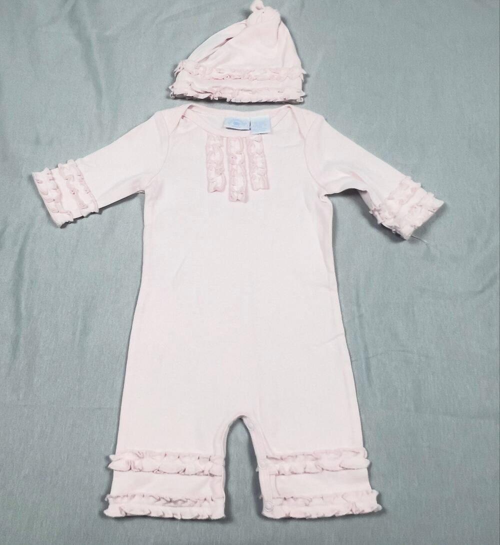 Hartstrings Baby Pink Ruffle Romper & Hat Set 6M Cotton NWOT Vintage Girl READ